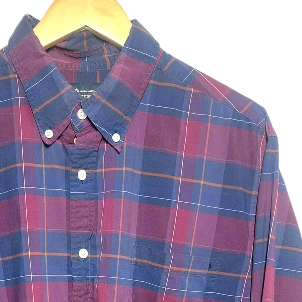 Member's Mark Men's XL Navy Burgundy Plaid Cotton Poplin Button Down Shirt